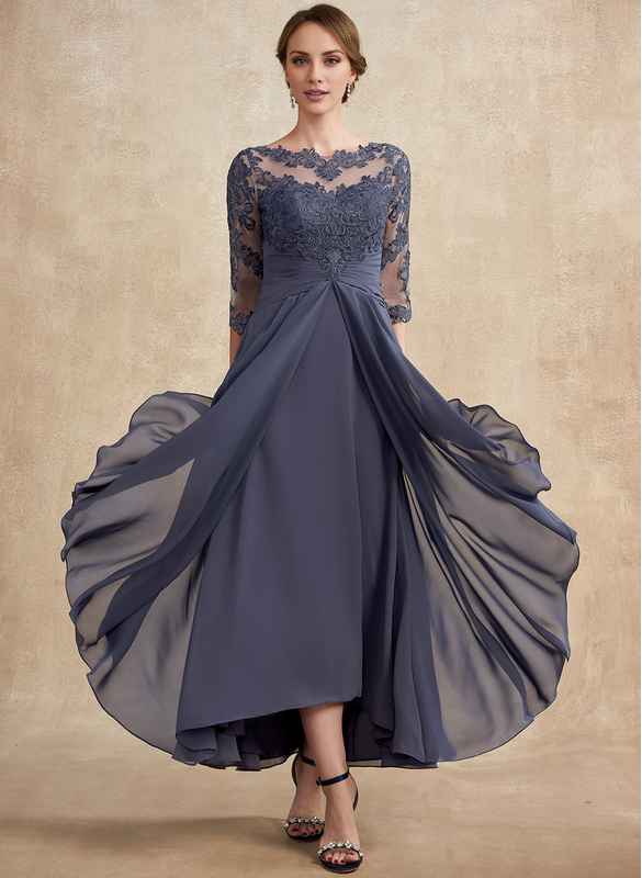 Jimiss A-line hollow illusion asymmetrical lace chiffon belt with layered ruffles mother of the bride dress