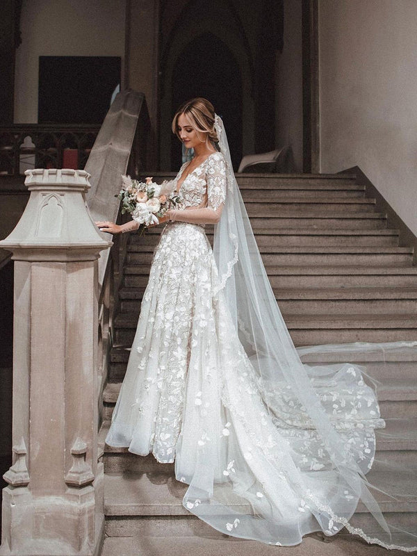 Romantic A-line Wedding Dresses With Long Sleeves Lace Bridal Gowns Elegant