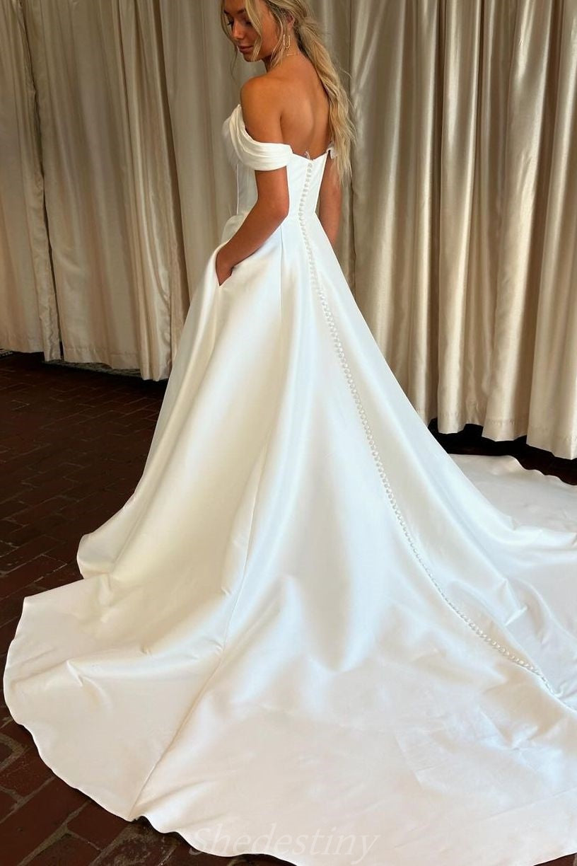 Simple Satin Off the Shoulder A-Line Ivory Wedding Dress with Slit