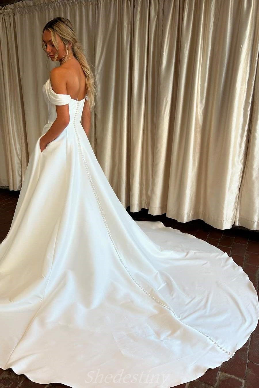 Simple Satin Off the Shoulder A-Line Ivory Wedding Dress with Slit