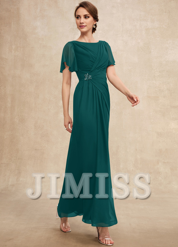 Beaded pleated A-line plunging ankle-length chiffon mother of the bride dress