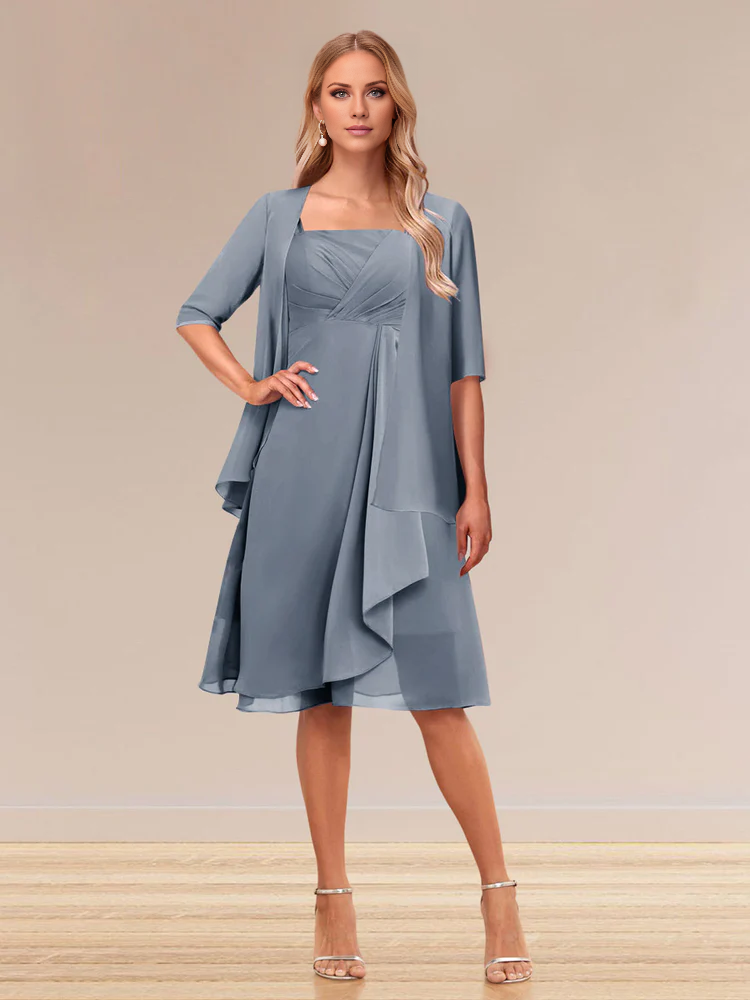 A-line princess half sleeved formal dress with ruffled edges mother of the bride dress