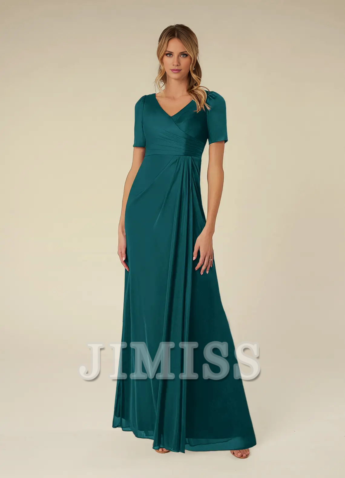 A-line short sleeve pleated mesh floor-length mother of the bride dress