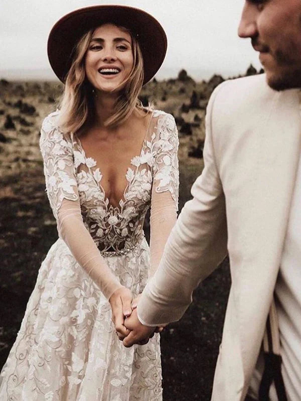 Romantic A-line Wedding Dresses With Long Sleeves Lace Bridal Gowns Elegant