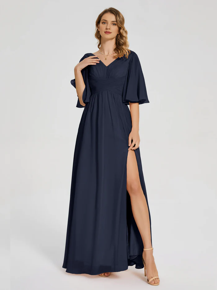 V-neck half sleeved chiffon mother of the bride dress
