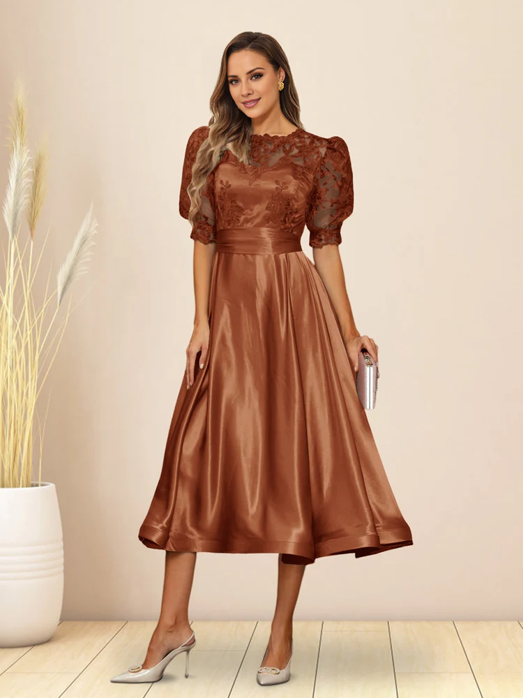 A-line/Princess V-neck fluffy sleeves tea long mother of the bride dress