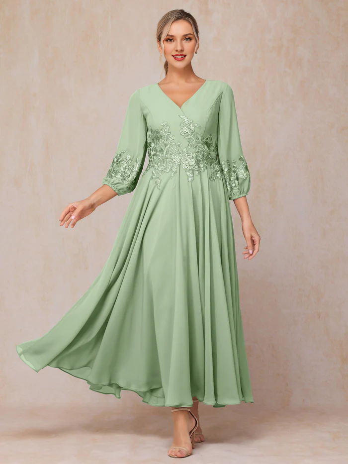Long sleeved decal and ankle chiffon mother of the bride dress