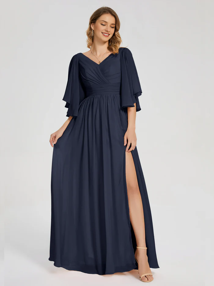 Half sleeved V-neck slit for mother of the bride dress