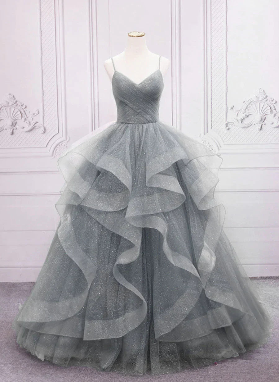 Grey V-neckline Tulle Long Formal Dress, Grey Sweetheart 16 Dress