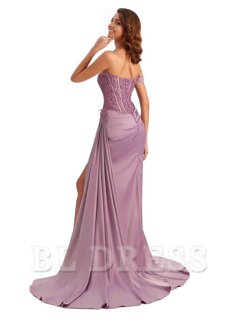 Mermaid Off Shoulder Applique formal dresses evening gown Bridesmaid Dresses With Side Slit