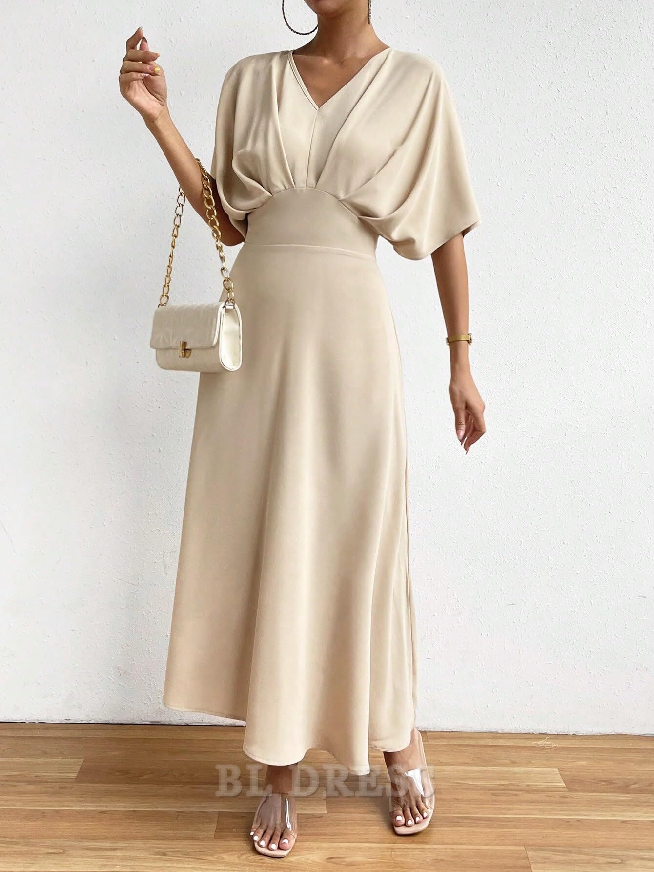 A Line V Neck Half Sleeve Ruched formal dresses Bridesmaid Dresses evening gown Prom Dress