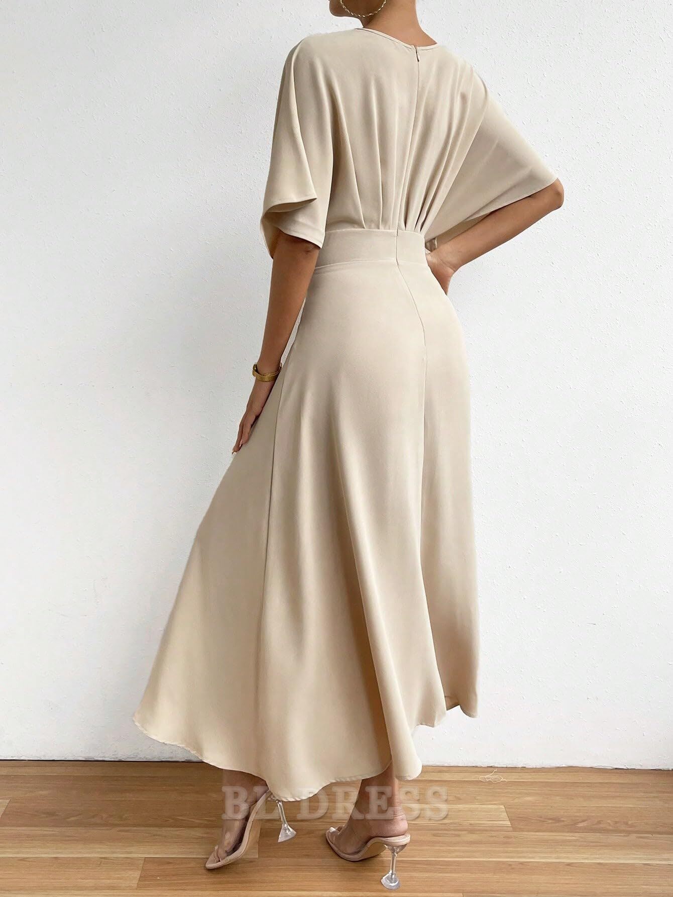 A Line V Neck Half Sleeve Ruched formal dresses Bridesmaid Dresses evening gown Prom Dress