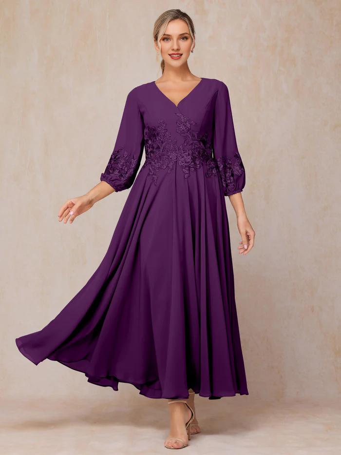 Long sleeved decal and ankle chiffon mother of the bride dress
