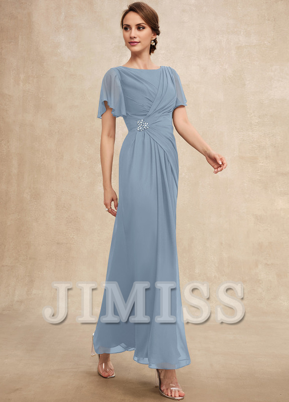Beaded pleated A-line plunging ankle-length chiffon mother of the bride dress