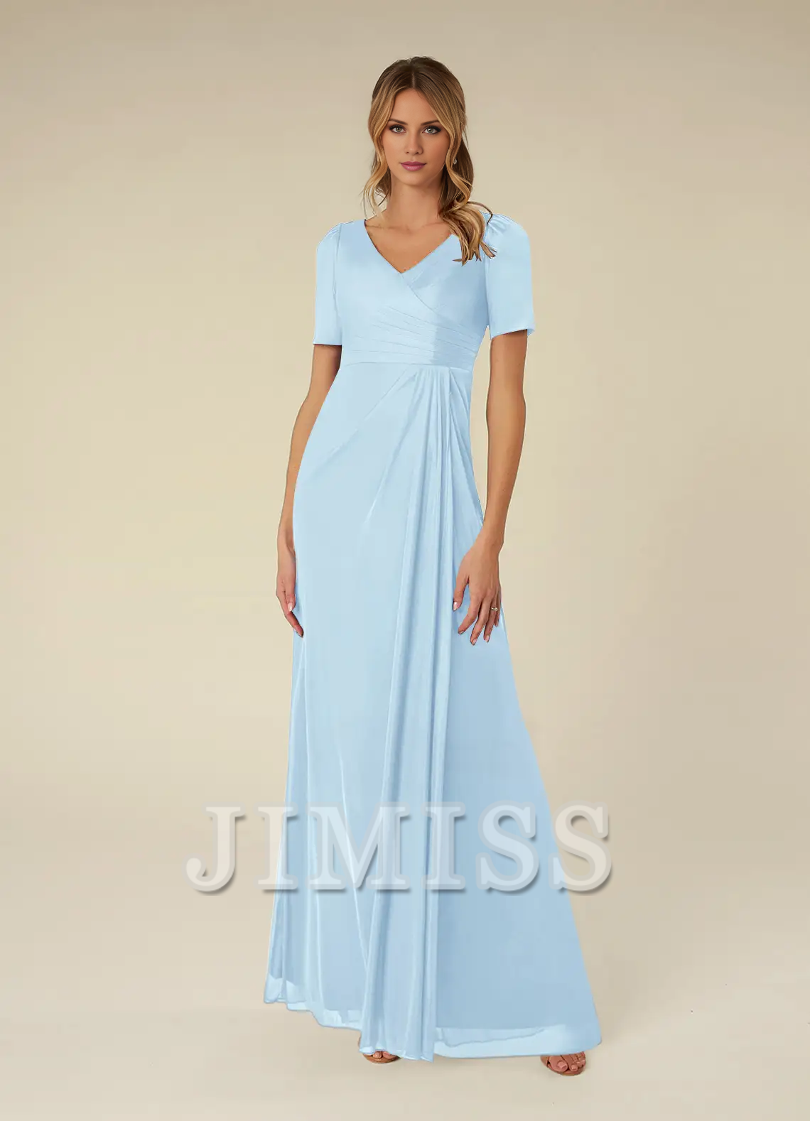 A-line short sleeve pleated mesh floor-length mother of the bride dress