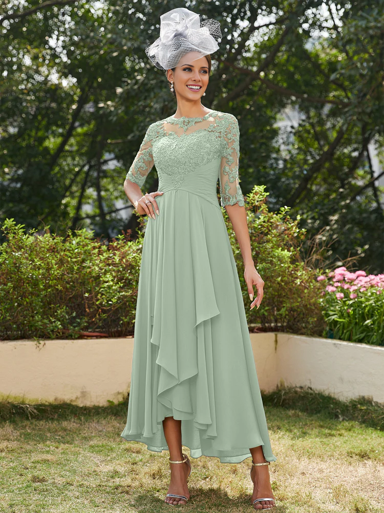 A-line princess transparent collar half sleeve long strap with decal mother of the bride dress