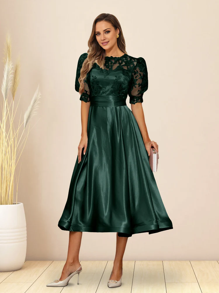 A-line/Princess V-neck fluffy sleeves tea long mother of the bride dress