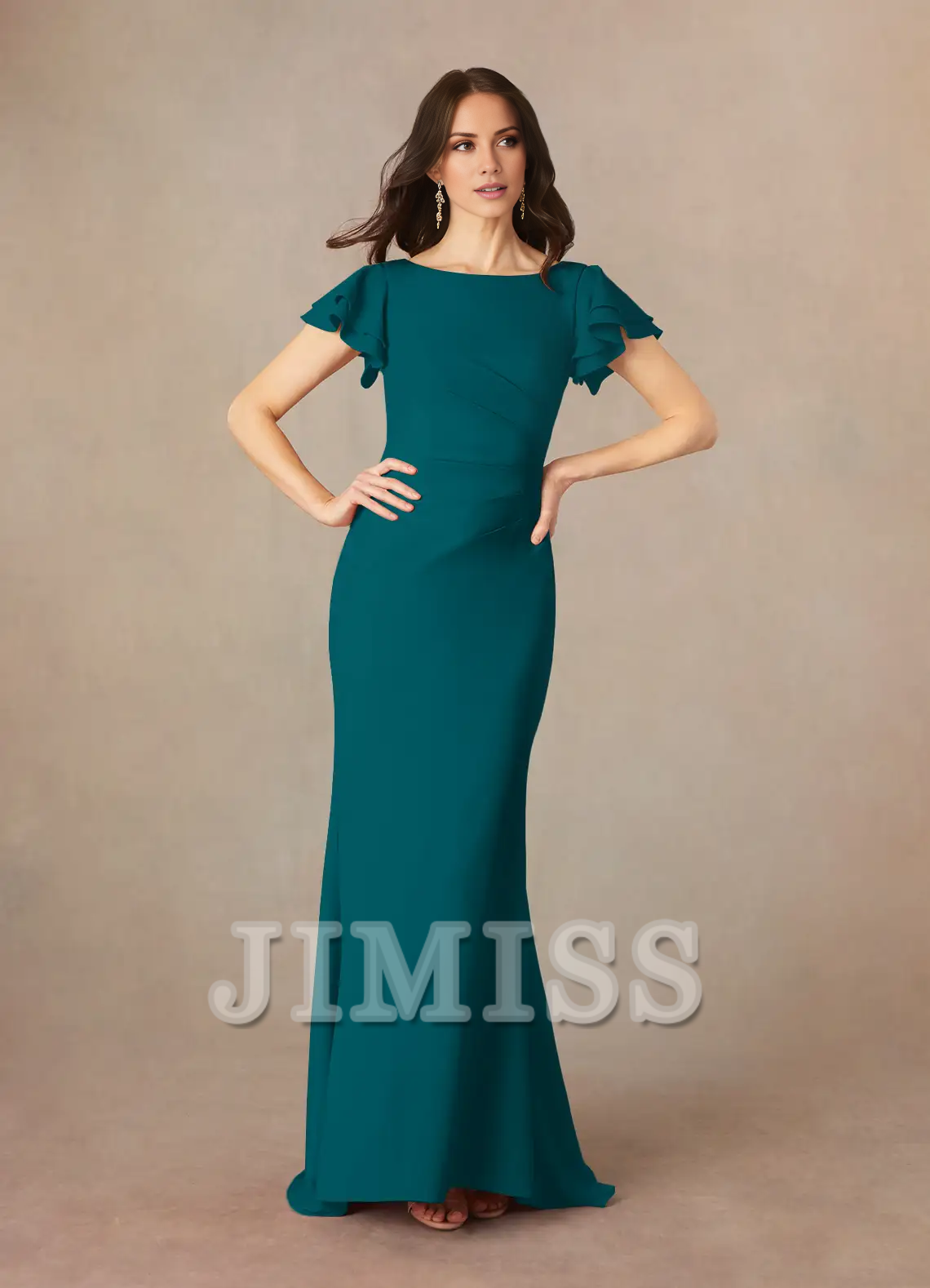 Mermaid spoon pleated crepe floor length mother of the bride dress