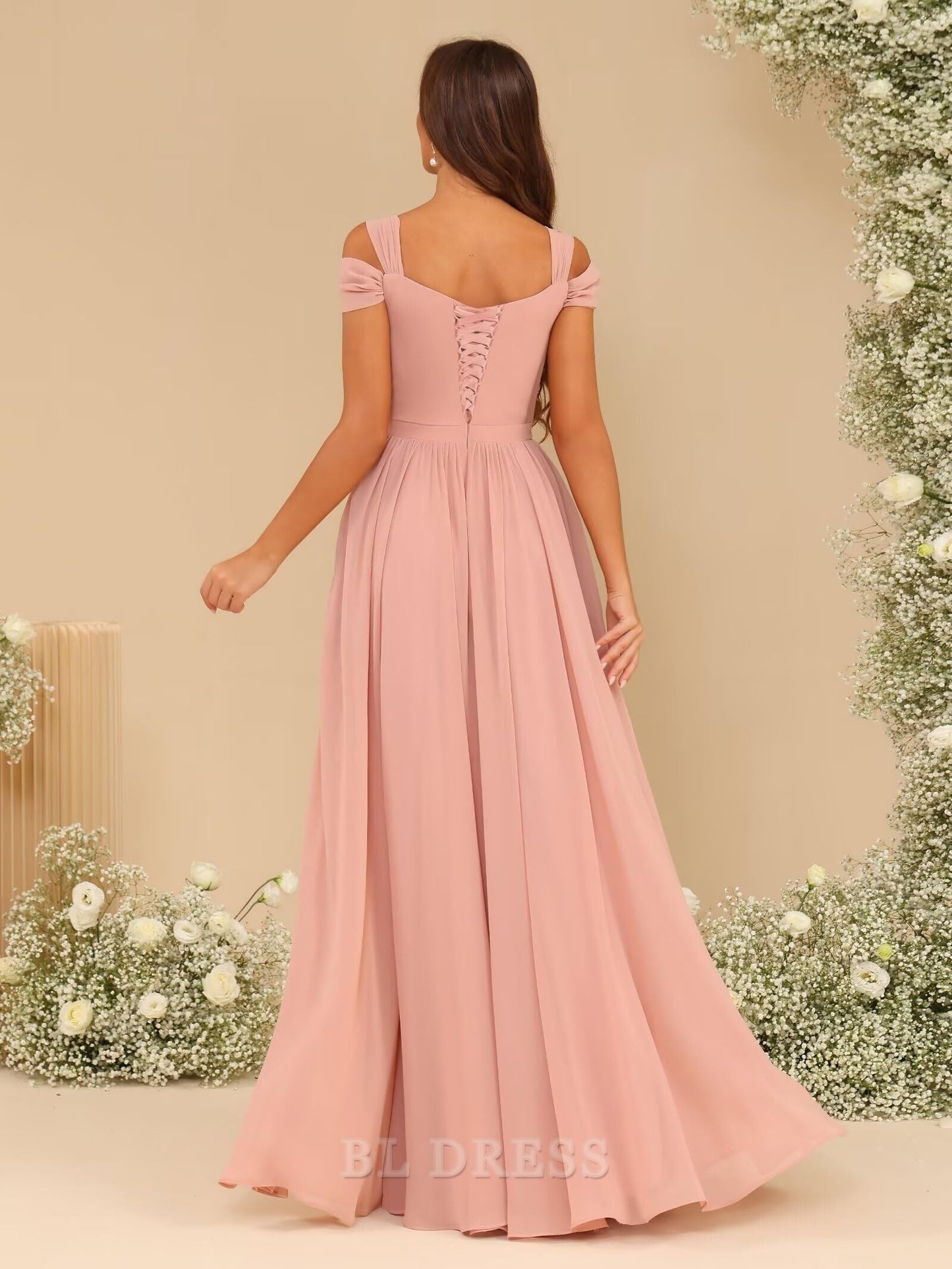A Line V Neck Pleated Black formal dresses evening gown Bridesmaid Dresses with Slit