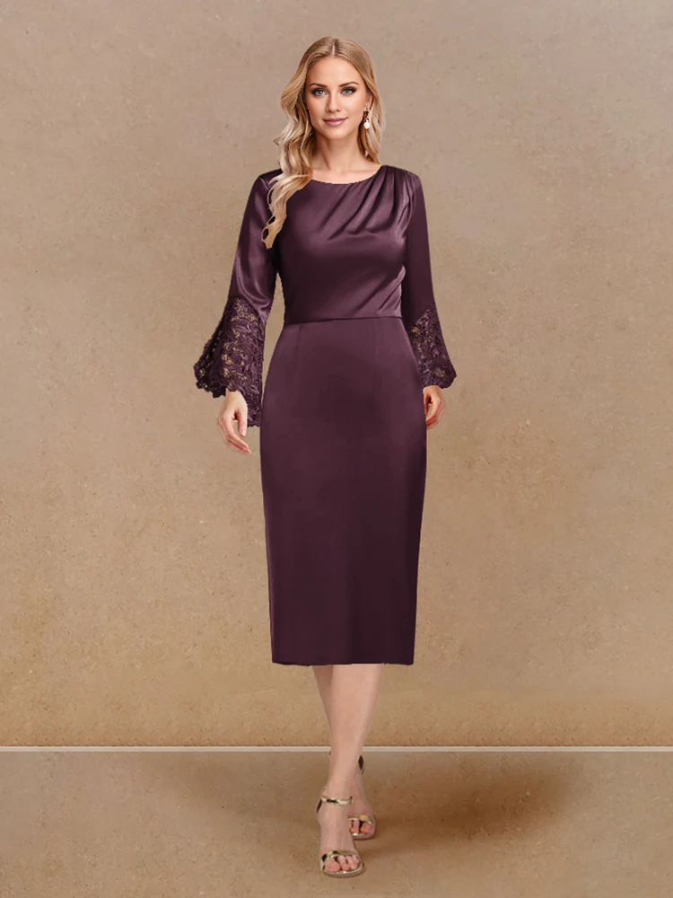 Stickers tight fitting/cylindrical low round neck long sleeved mother of the bride dress