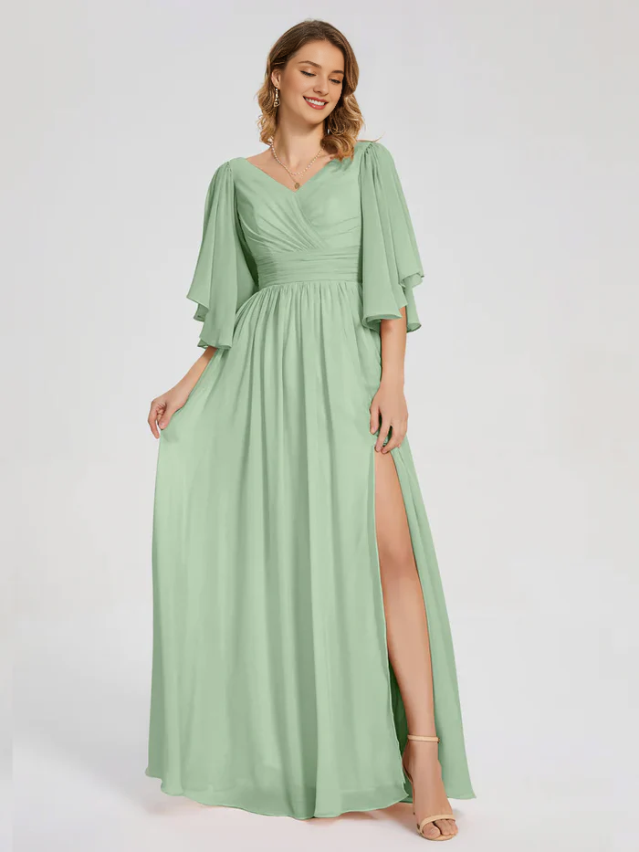 Half sleeved V-neck slit for mother of the bride dress