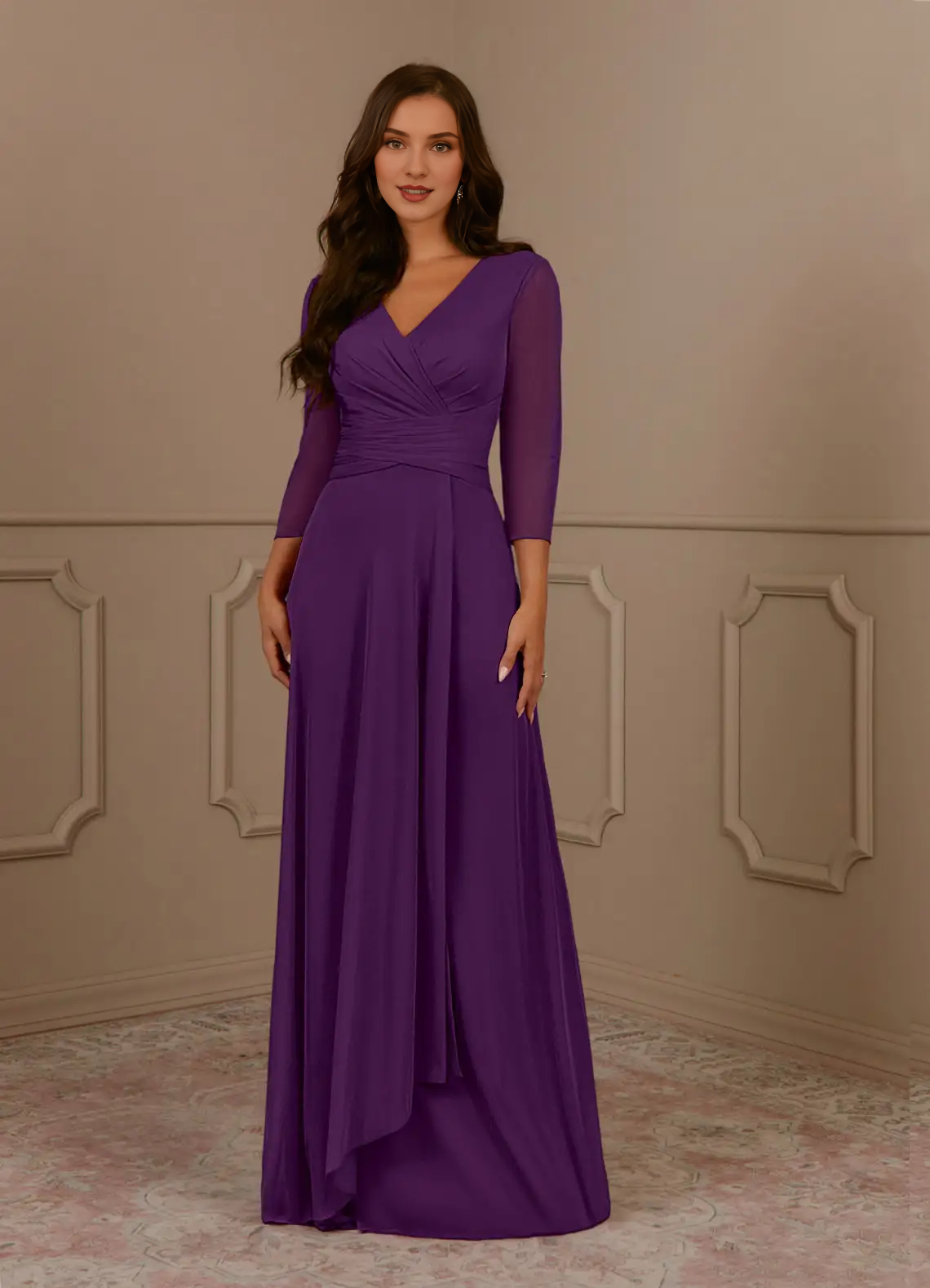 A-line V-neck pleated mesh and floor length mother of the bride dress