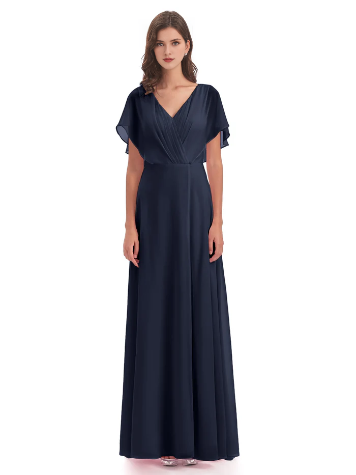 Short sleeved V-neck chiffon mother of the bride dress