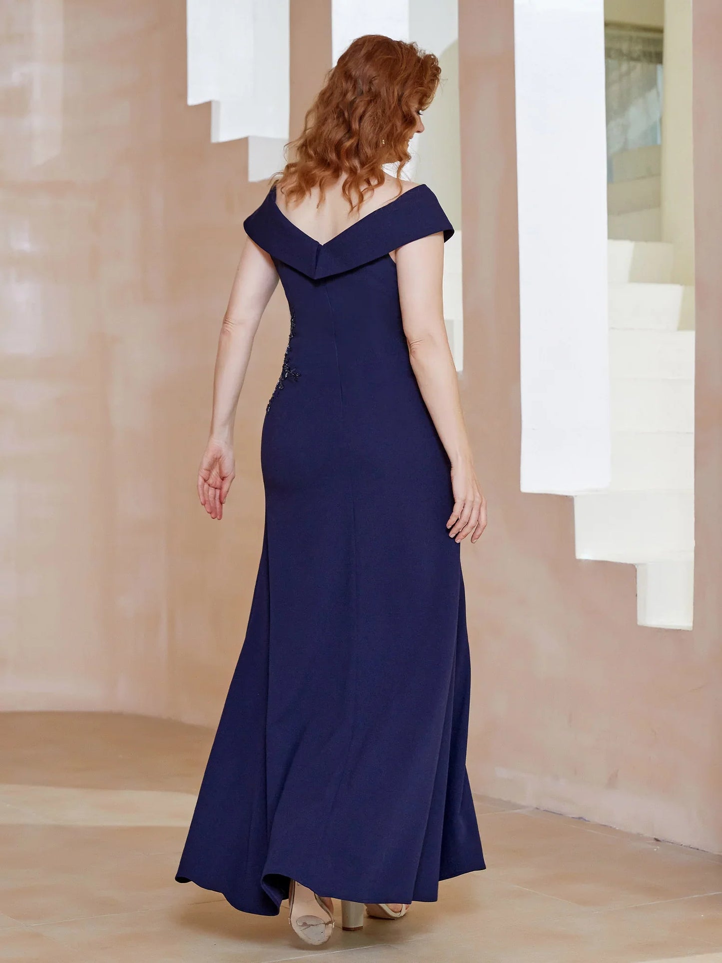 V-neck slit bead sequins mother of the bride dress