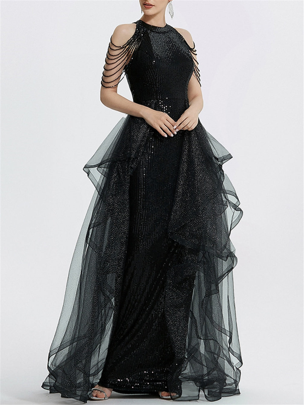 A-Line/Princess Halter Long Prom Dresses With Ruffles & Sequins Sparkly