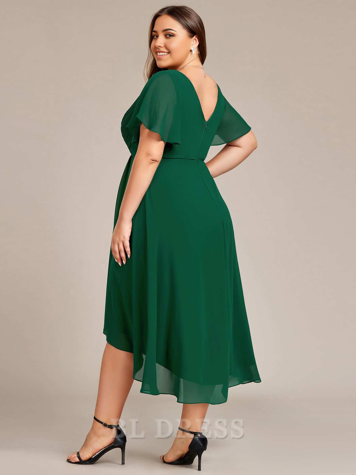 Plus Size A Line V Neck Chiffon Short Sleeves Knee Length formal dresses Bridesmaid Dresses evening gown Prom Dress
