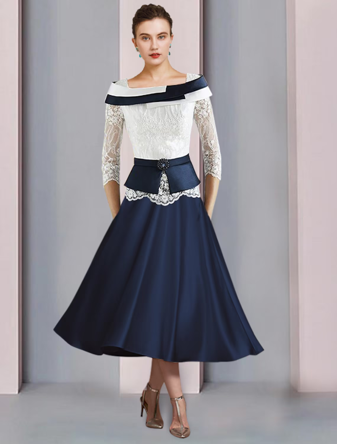 A-Line Mother of the Bride Dress Formal Church Elegant Square Neck Satin Lace Sleeve with Pleats Crystal Brooch