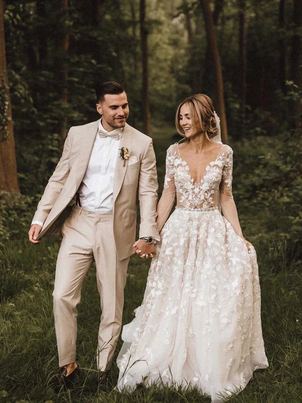 Romantic A-line Wedding Dresses With Long Sleeves Lace Bridal Gowns Elegant