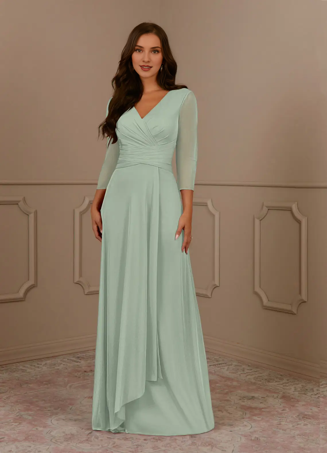 A-line V-neck pleated mesh and floor length mother of the bride dress