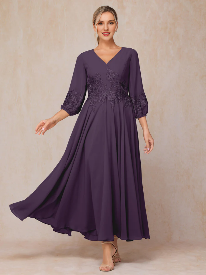 Long sleeved decal and ankle chiffon mother of the bride dress