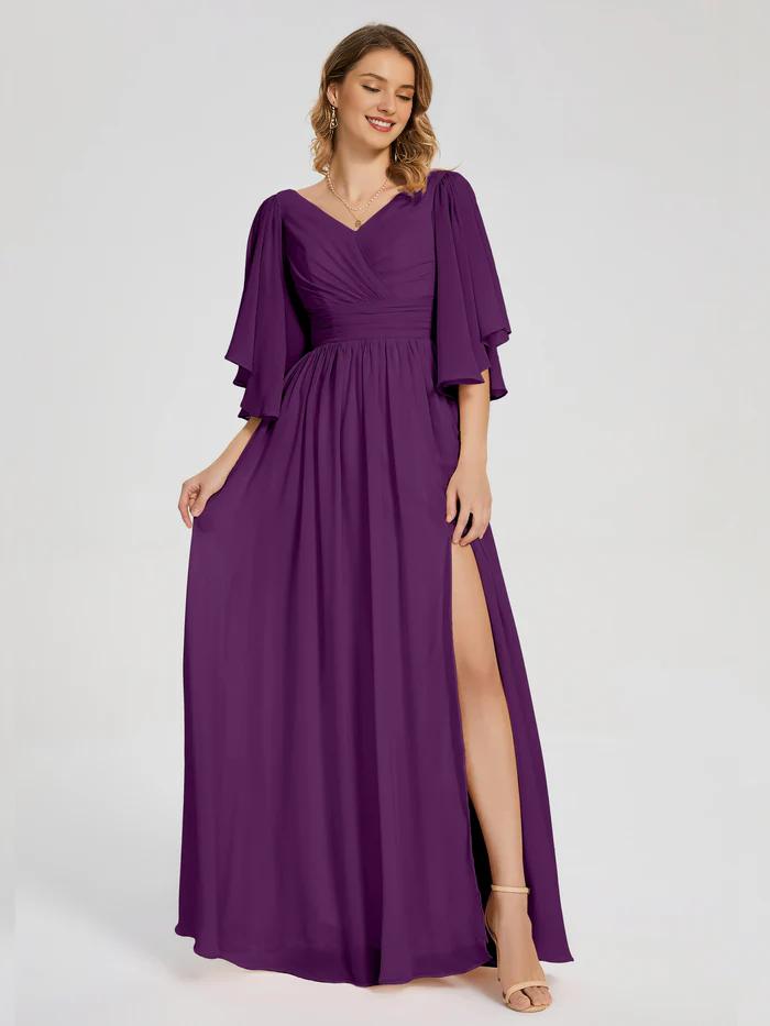 Half sleeved V-neck slit for mother of the bride dress