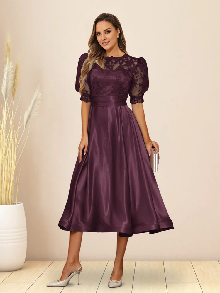 A-line/Princess V-neck fluffy sleeves tea long mother of the bride dress