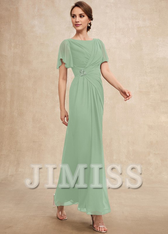 Beaded pleated A-line plunging ankle-length chiffon mother of the bride dress