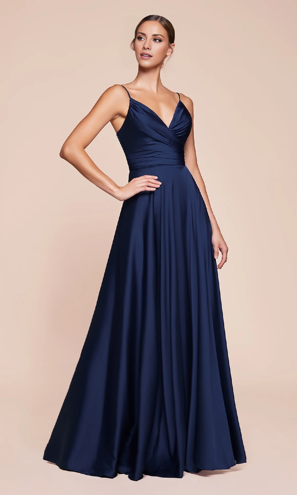 Jimiss A-line V-neck slim shoulder strap tight corset with side slit and floor length Prom dress