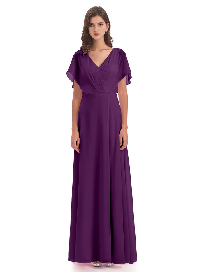 Short sleeved V-neck chiffon mother of the bride dress