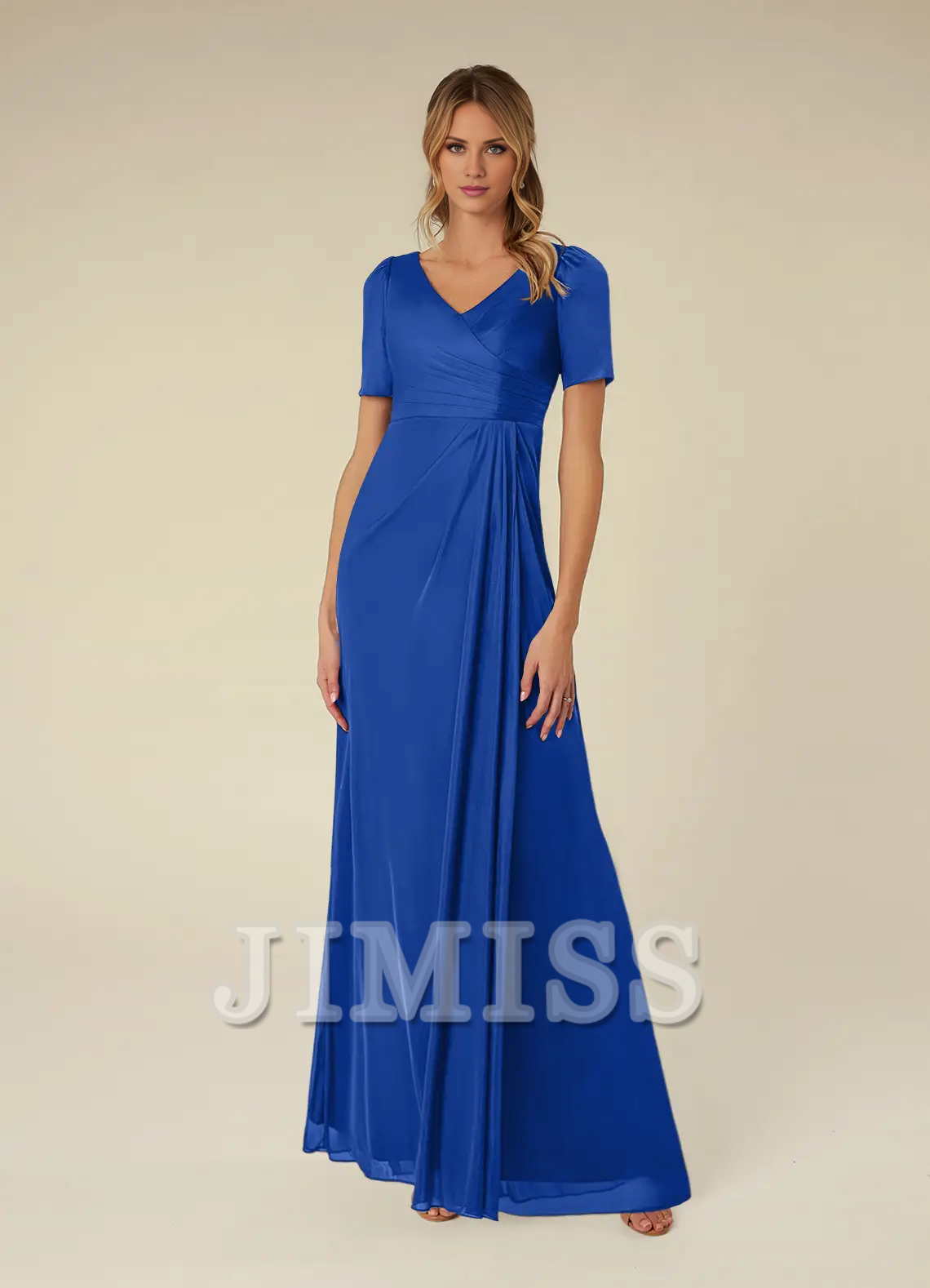 A-line short sleeve pleated mesh floor-length mother of the bride dress