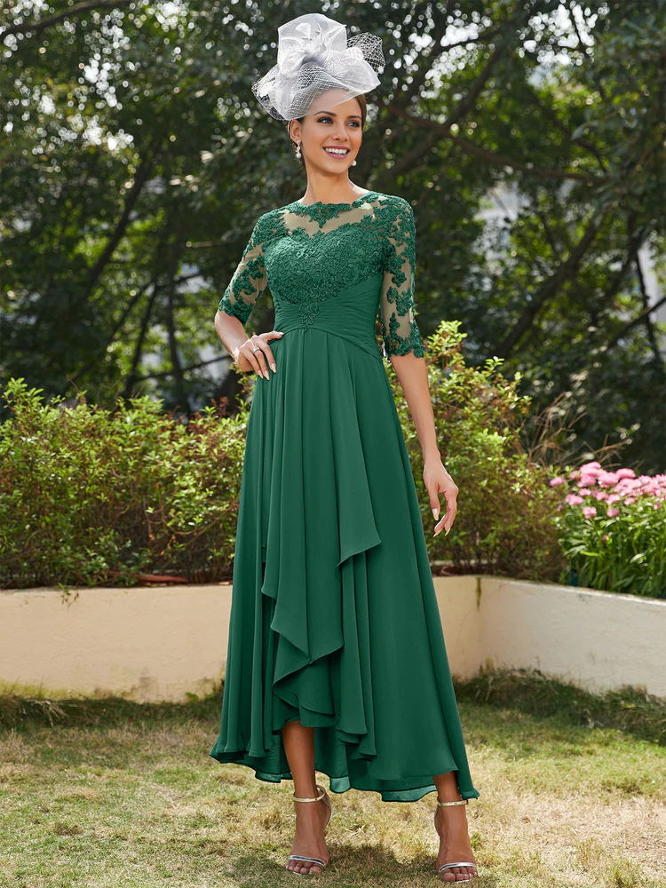 A-line princess transparent collar half sleeve long strap with decal mother of the bride dress