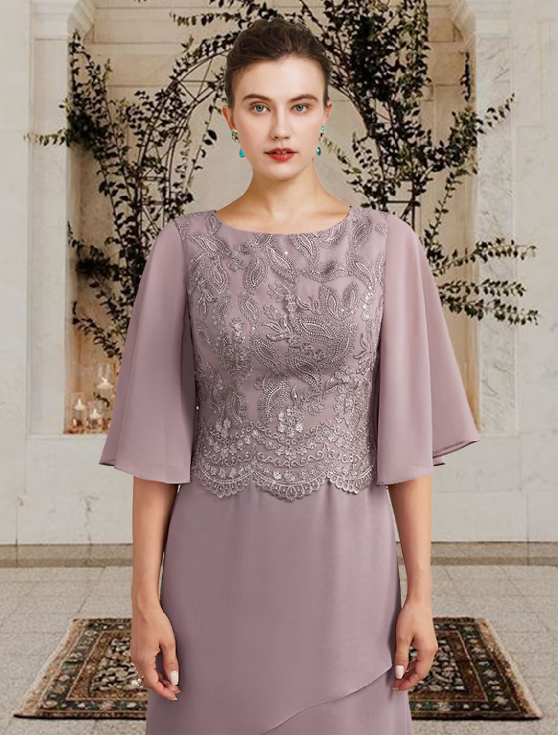 Mother of the Bride Dress Plus Size Elegant Floor Length Chiffon Lace Short Sleeve with Ruffles Appliques