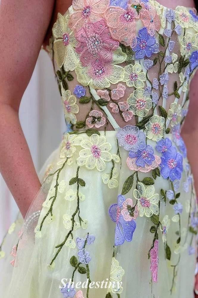 3D Flower A-Line Yellow Sweetheart Tulle Prom Dress