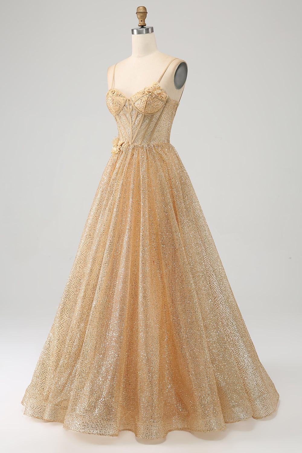 Glitter Golden A-Line Spaghetti Straps Corset Long Prom Dress with Flowers Sparkly