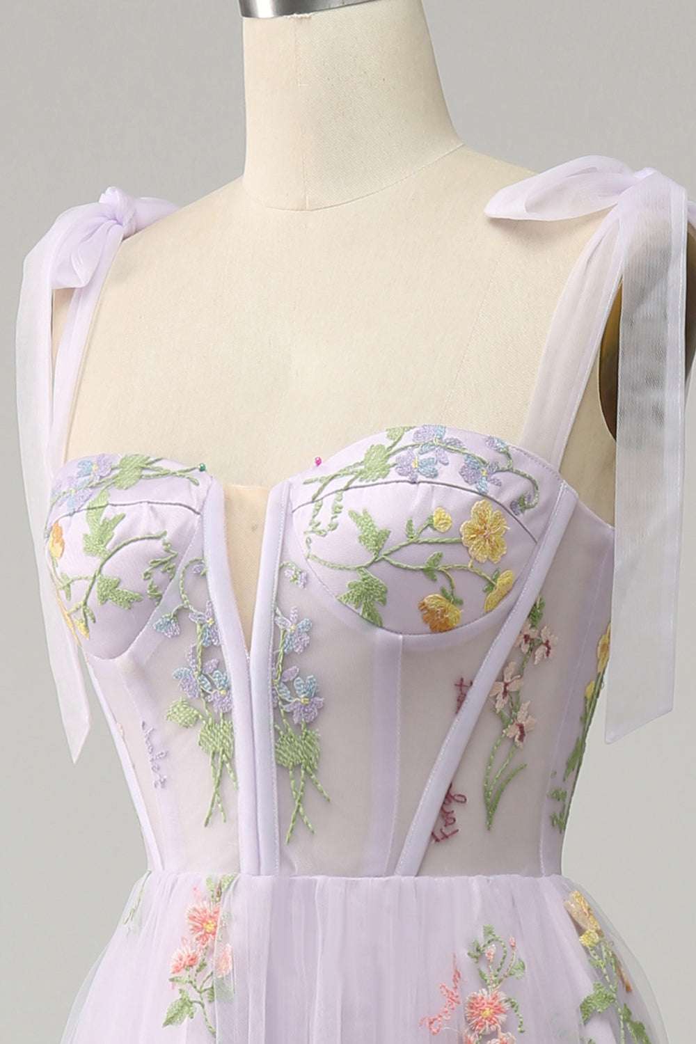 A Line Spaghetti Straps Corset Long Prom Dress With Embroidery Floor Length With Flowers