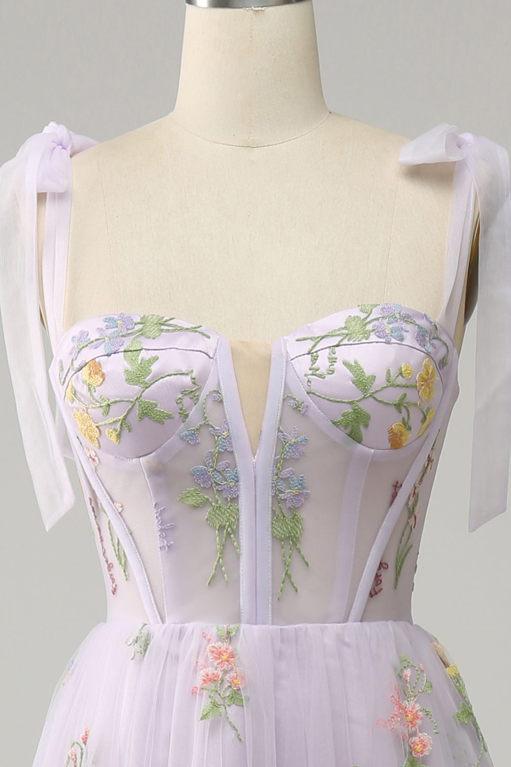 A Line Spaghetti Straps Corset Long Prom Dress With Embroidery Floor Length With Flowers