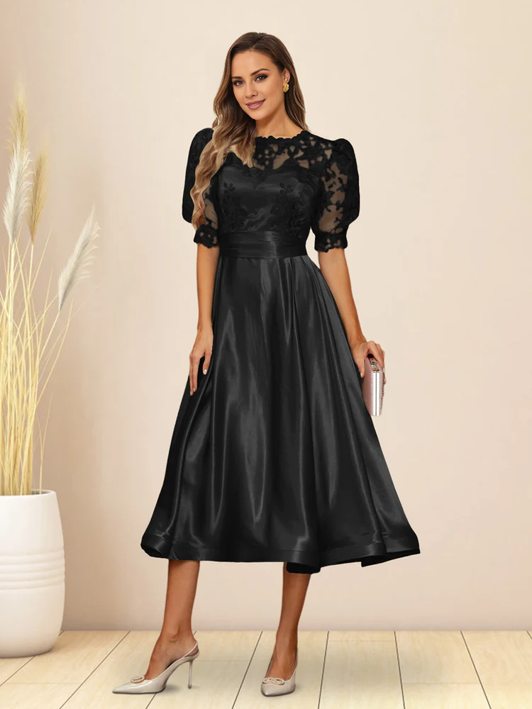 A-line/Princess V-neck fluffy sleeves tea long mother of the bride dress