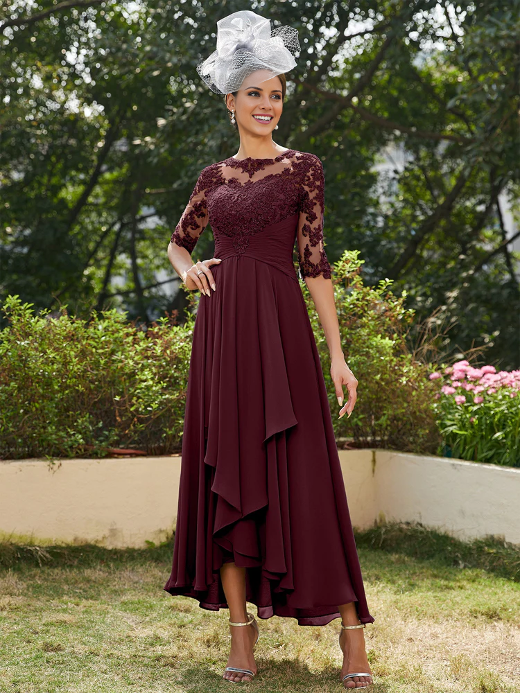 A-line princess transparent collar half sleeve long strap with decal mother of the bride dress