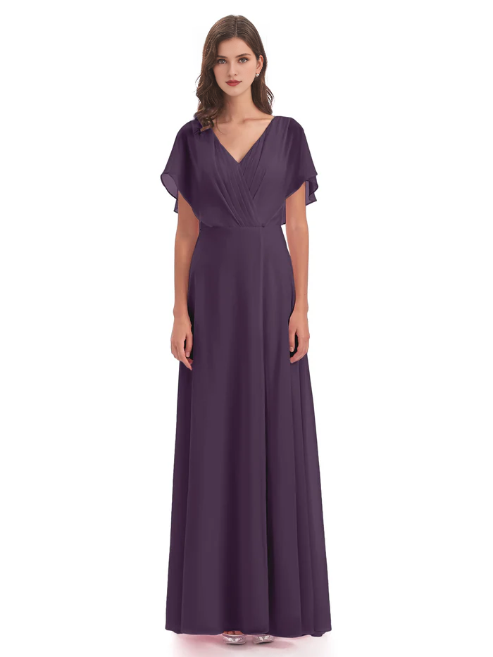 Short sleeved V-neck chiffon mother of the bride dress