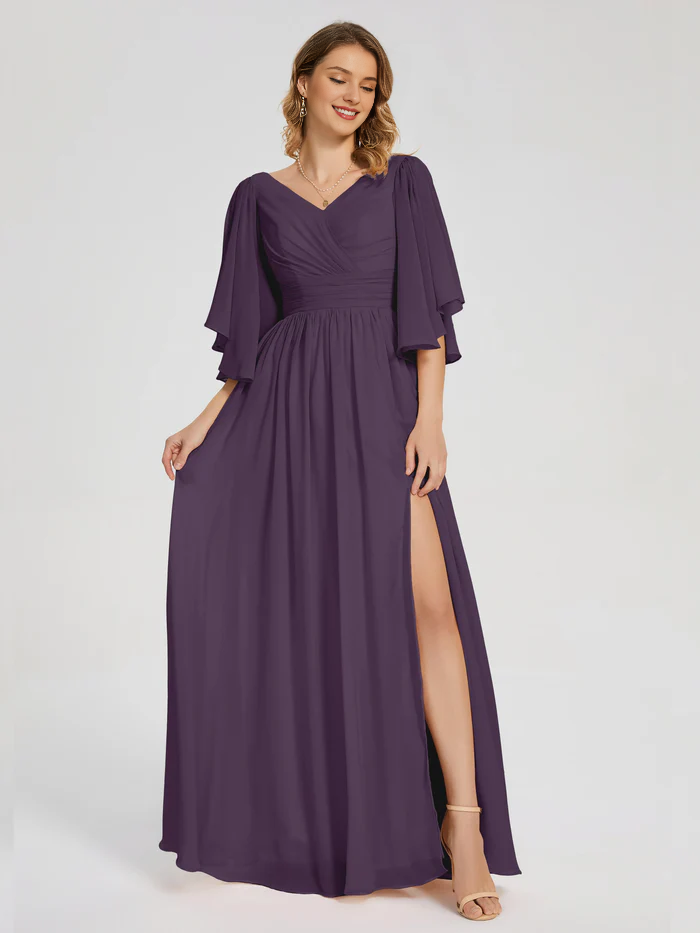 Half sleeved V-neck slit for mother of the bride dress